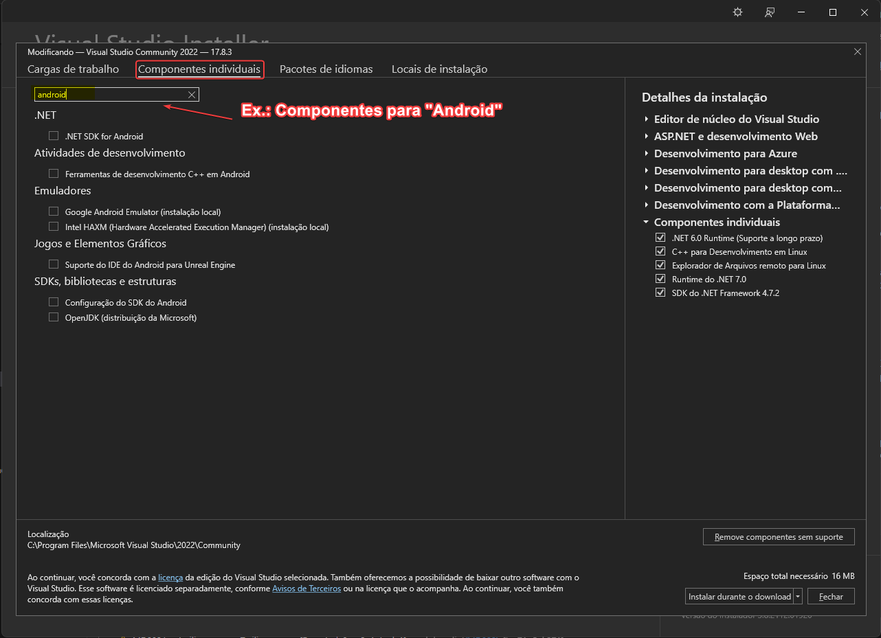 Componentes de trabalho para Android