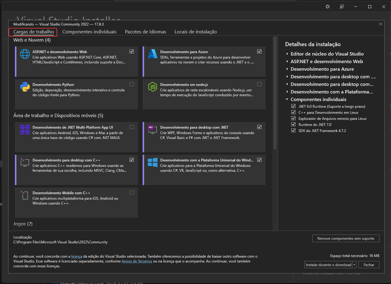 Cargas de trabalho no instalador do Visual Studio