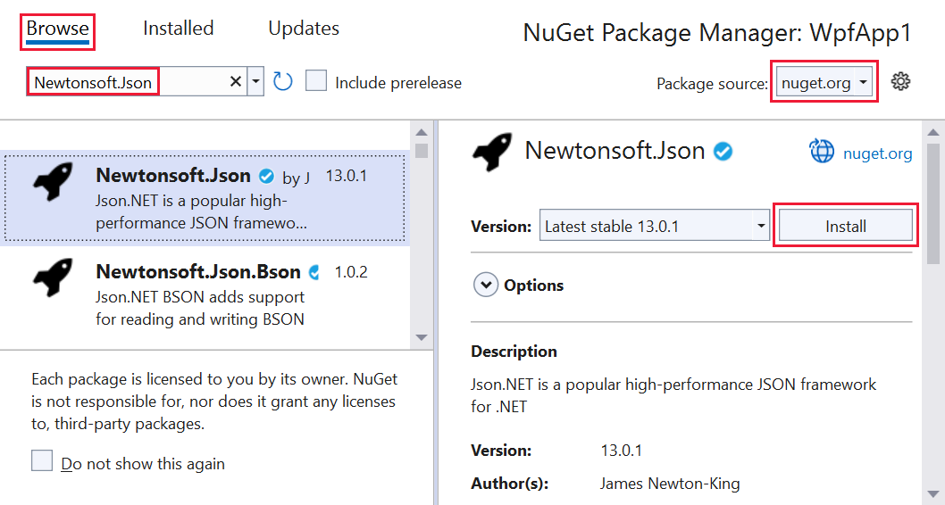 Visual Studio NuGet Package Browser