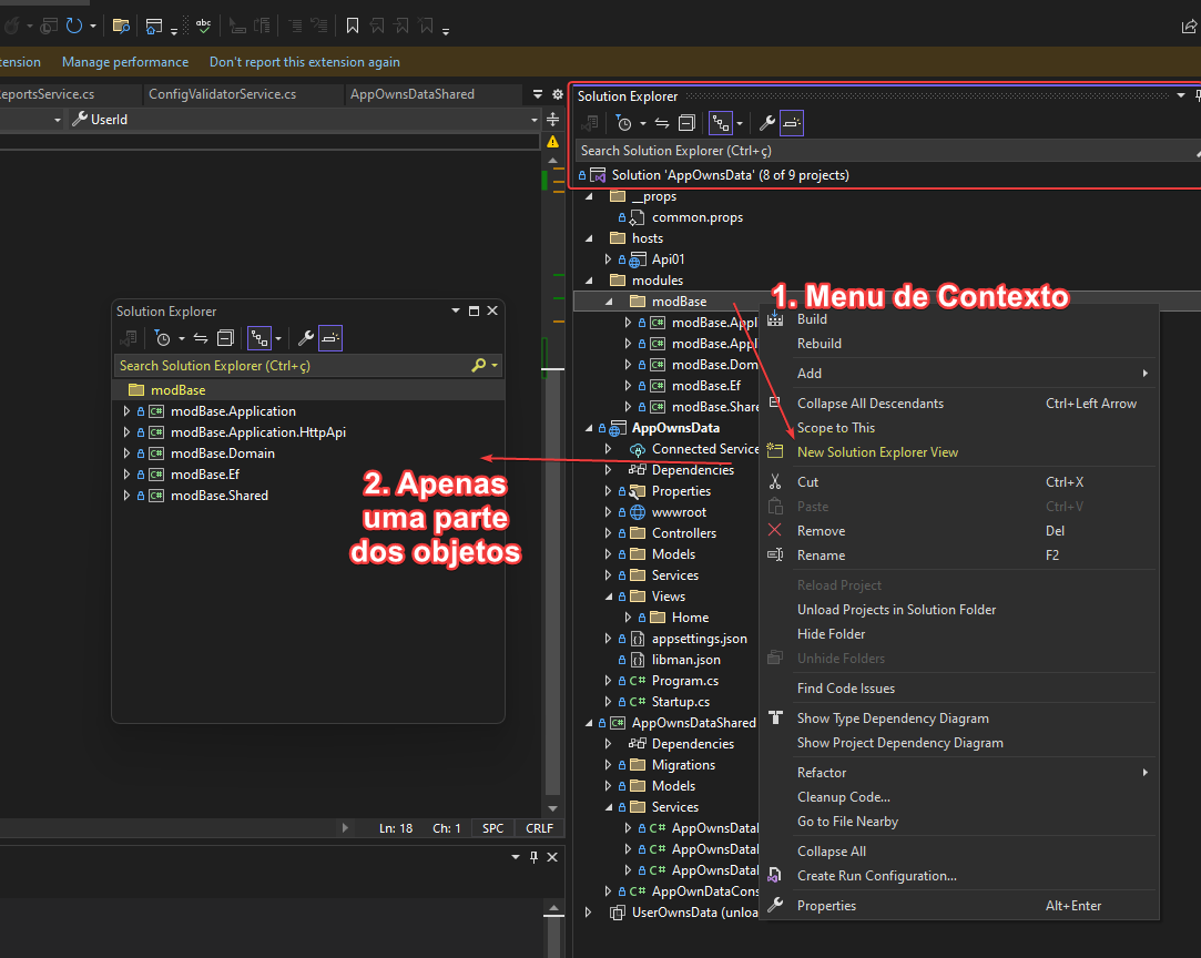 Novo painel Solution Explorer