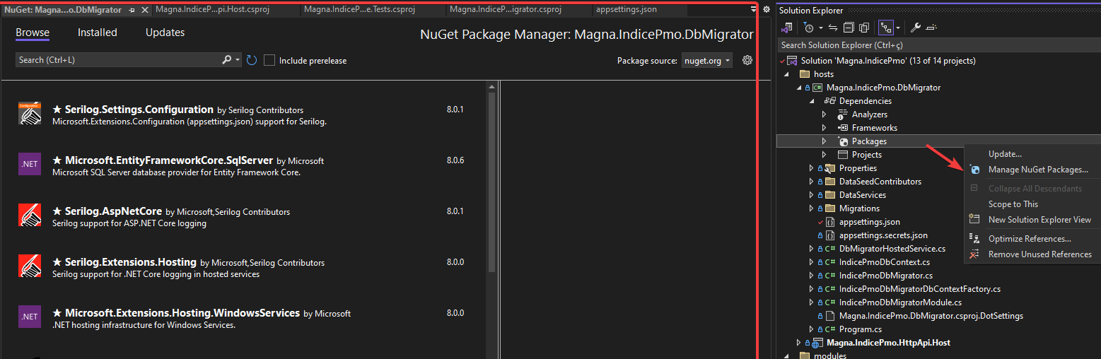 Tela administração de pacotes Nuget