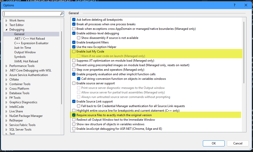 Menu Debug - Options