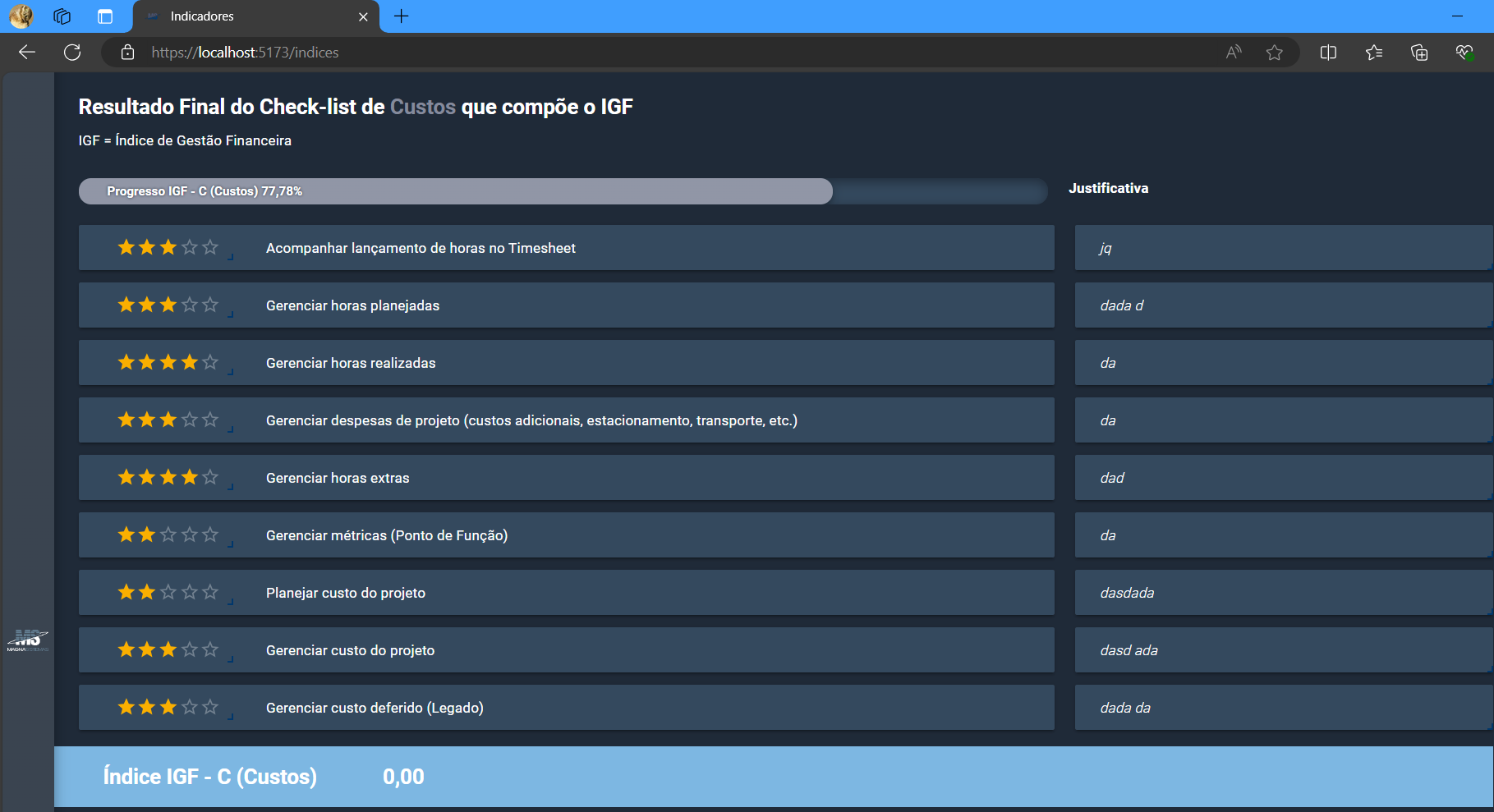 Exibição da primeira lista de checagem