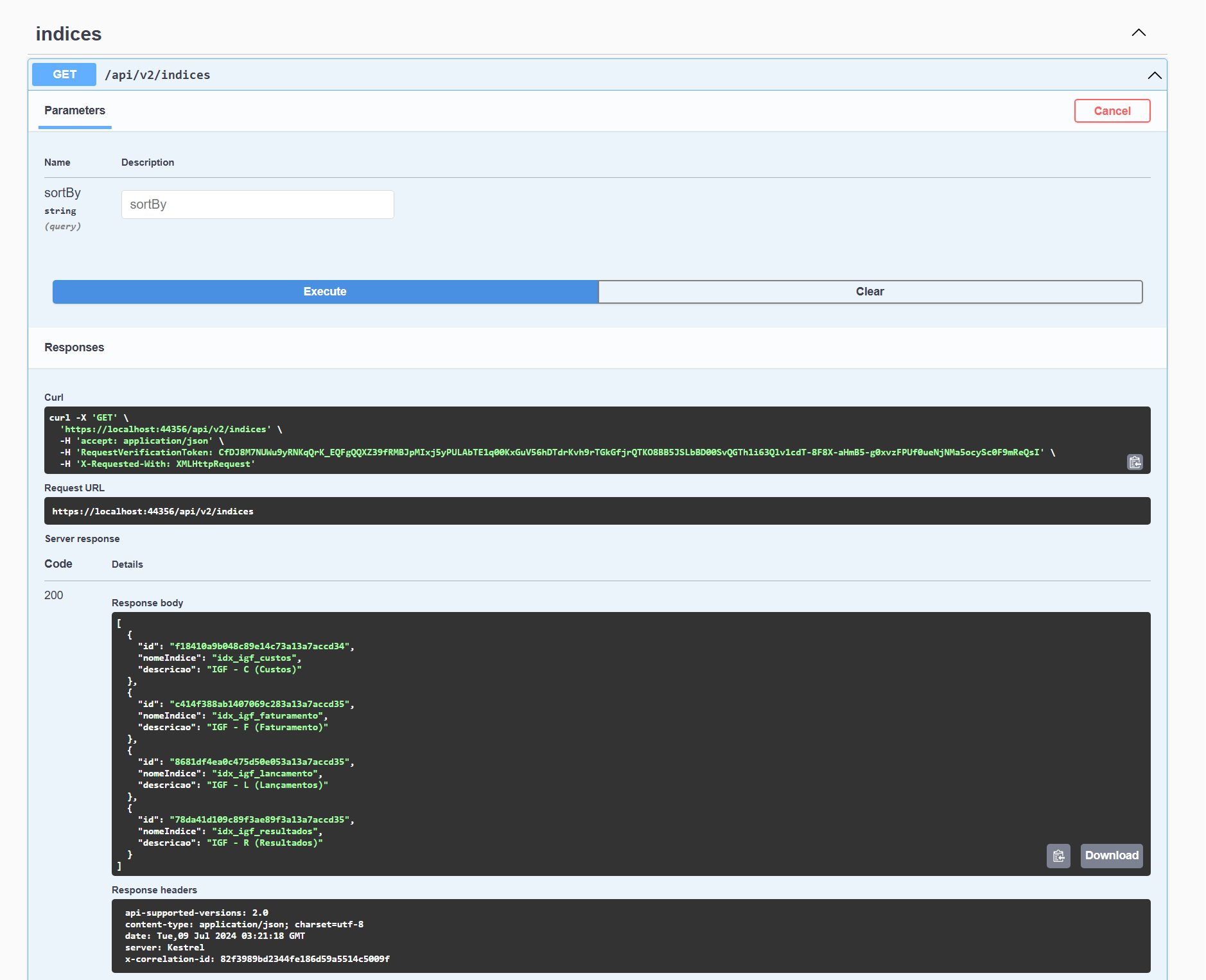Swagger - Consulta Índices